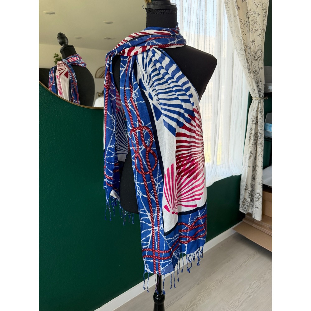 Talbots Nautical Seashell Rope Print Scarf Blue Red White Modal Viscose Wrap - Picture 2 of 6